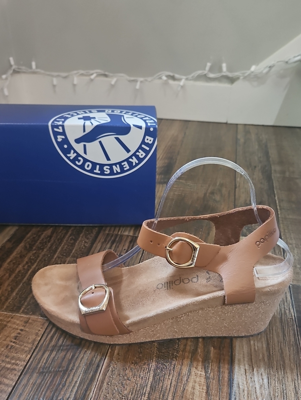 Birkenstock Papillio Brown Leather Cork Wedge Sandals with Gold Buckles - Picture 3 of 9